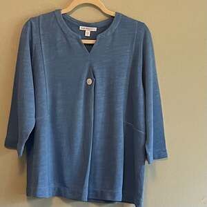 Pure Jill Blue Organic Cotton Slub Knit Split Neck Front Pleat Top Sz. L Petite